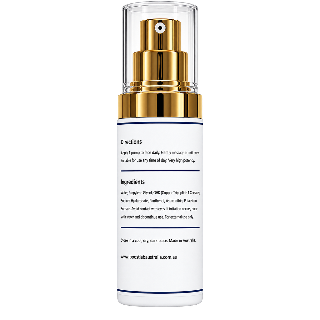 Back label of GHK 1200 + Astaxanthin Face & Hair Serum showing directions for use and full ingredients list