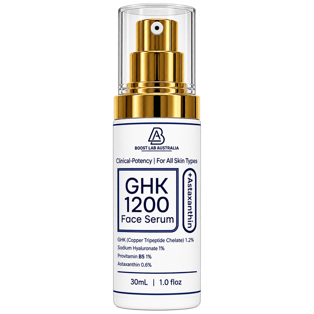 GHK 1200 + Astaxanthin Face & Hair Serum 30 mL bottle, front label showing GHK Copper Tripeptide Chelate 1.2%, Sodium Hyaluronate 1%, Provitamin B5 1% and Astaxanthin 0.6%