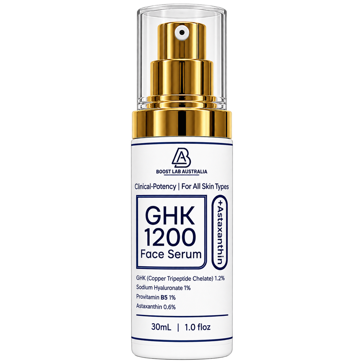 GHK 1200 + Astaxanthin Face & Hair Serum 30 mL bottle, front label showing GHK Copper Tripeptide Chelate 1.2%, Sodium Hyaluronate 1%, Provitamin B5 1% and Astaxanthin 0.6%